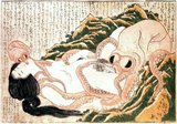 The Dream of the Fisherman's Wife (蛸と海女 Tako to ama, literally Octopi and shell diver), also known as Girl Diver and Octopi, Diver and Two Octopi, etc., is a zoophilia-associated woodcut design of the ukiyo-e genre by the Japanese artist Hokusai.<br/><br/>It is from the book Kinoe no Komatsu ('Young Pines'), a three-volume book of shunga erotica first published in 1814, and is the most famous shunga Hokusai ever produced. Playing with themes popular in Japanese art, it depicts a young ama pearl-diver woman entwined sexually with a pair of octopuses.<br/><br/>The larger of the two mollusks performs cunnilingus on her, while the smaller one, his son, assists on the left by fondling her mouth and nipple. In the text above the image the woman and the creatures express their mutual sexual pleasure from the encounter.<br/><br/>Katsushika Hokusai (葛飾 北斎, October 31, 1760 – May 10, 1849) was a Japanese artist, ukiyo-e painter and printmaker of the Edo period. He was influenced by such painters as Sesshu, and other styles of Chinese painting. Born in Edo (now Tokyo), Hokusai is best known as author of the woodblock print series Thirty-six Views of Mount Fuji (富嶽三十六景 Fugaku Sanjūroku-kei, c. 1831) which includes the internationally recognized print, The Great Wave off Kanagawa, created during the 1820s.